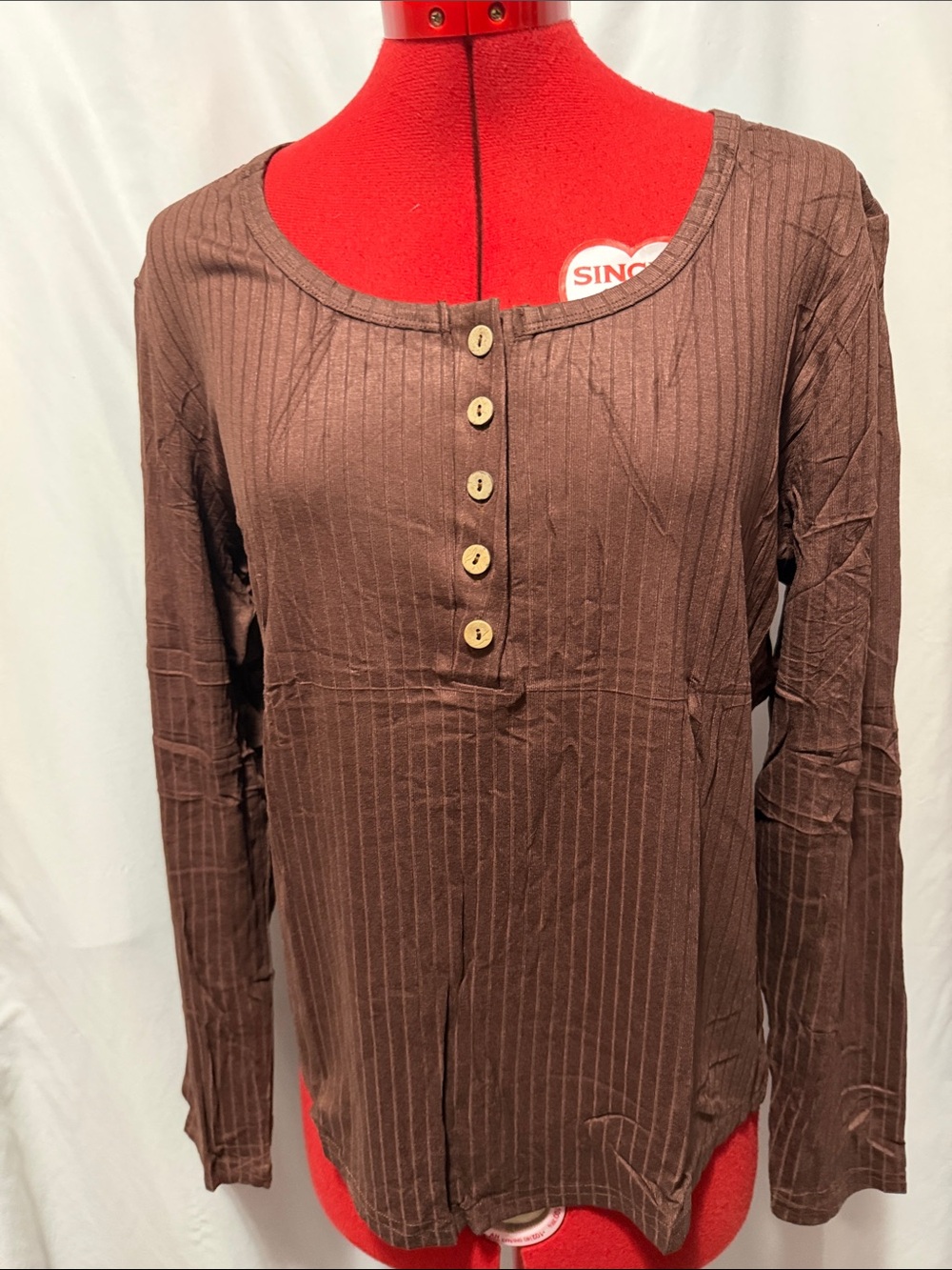 Women’s Brown Ribbed Long-Sleeve Henley Top